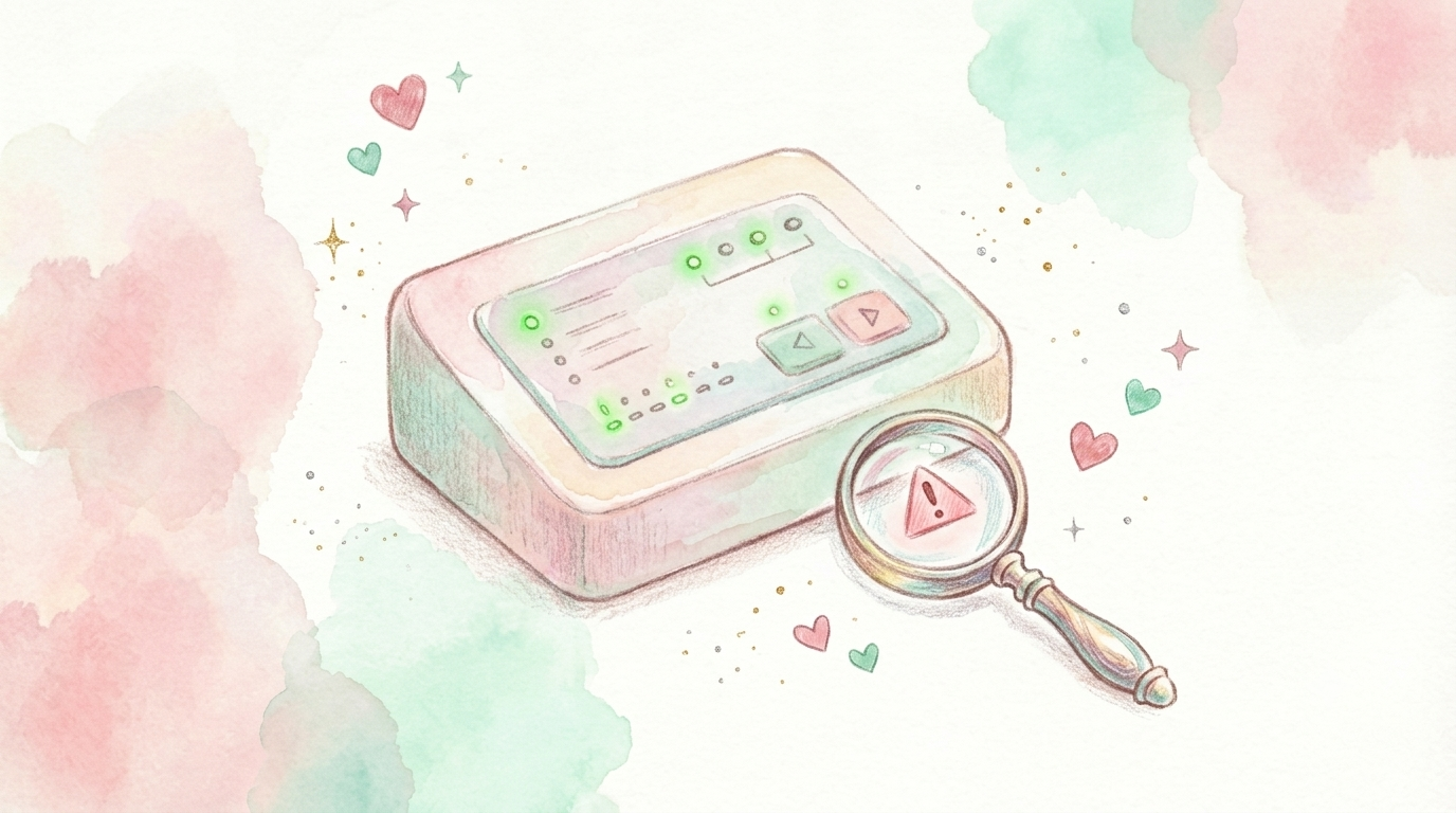 質感のある紙に描かれた、パステルカラーの色鉛筆と水彩のミックスイラスト。緑色のライトが光るコントロールパネルの下に小さな拡大鏡があり、拡大鏡の中には赤い警告記号が見える。周りに手描きのハートと輝き。人物はいない。