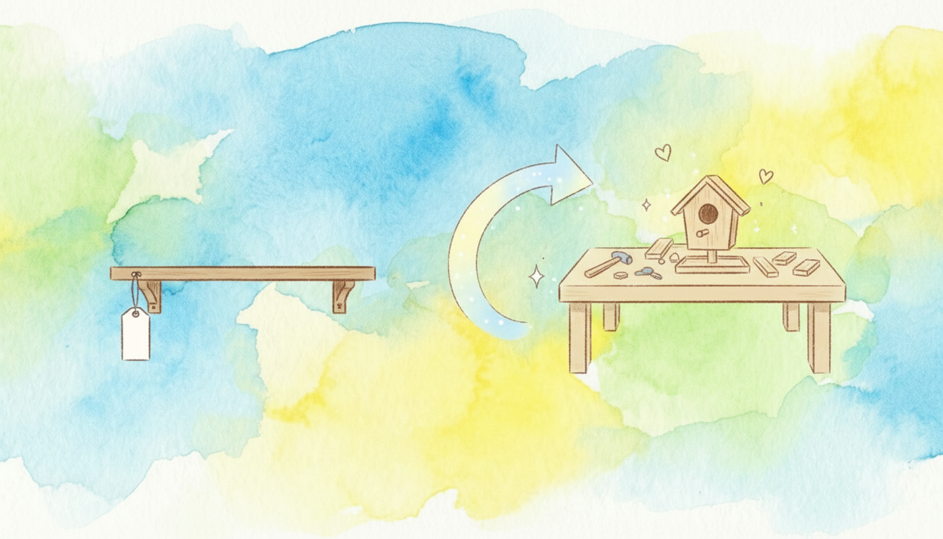 値札のついた空の棚から矢印が伸び、工作台で同じものが手作りされている水彩イラスト。「買う」から「作る」へ選択肢が変わる象徴