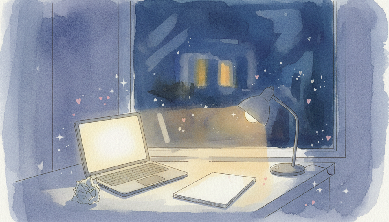夜の机に光るノートPC、丸められた下書きの紙、新しい白紙ノート、ランプの暖かい光と窓の外の夜空。夜に書き直しを始める勇気の象徴