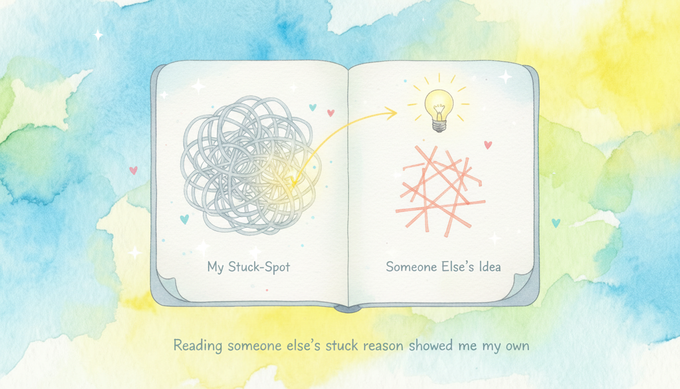 見開きノートの左ページに「My Stuck-Spot」と絡まる線、右ページに「Someone Else's Idea」と電球と別の絡まり、矢印で結ばれている水彩イラスト。誰かの記事で自分の止まる理由を知った